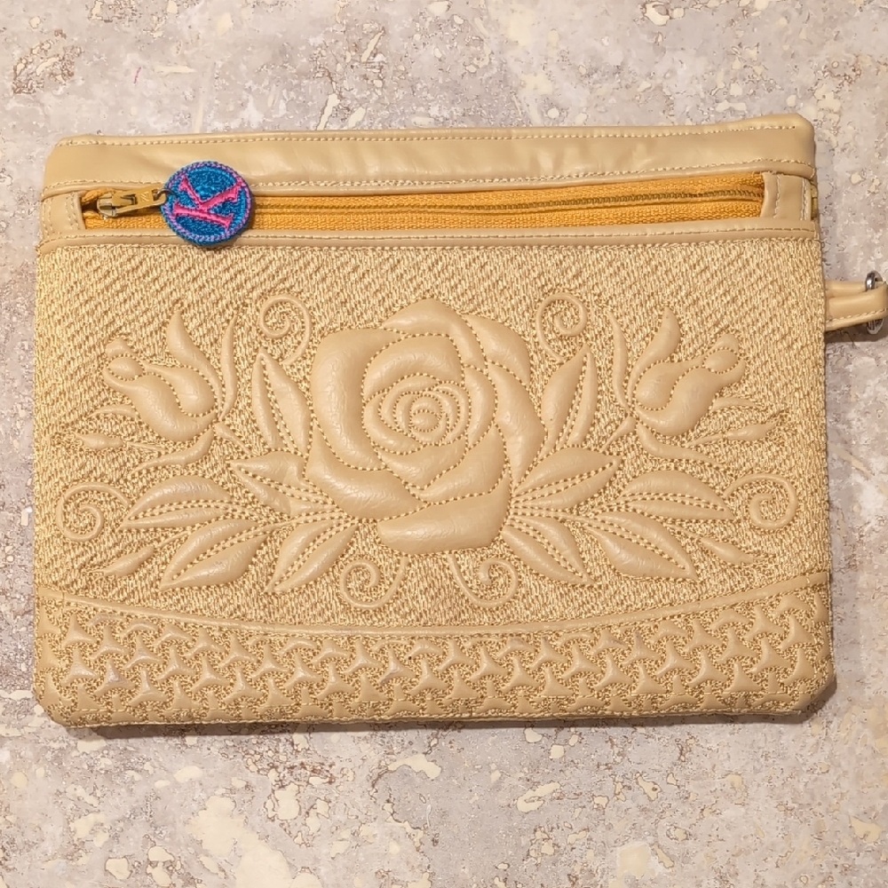 Elegant Tan Floral Embroidered Clutch